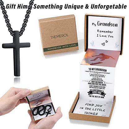 THEMEROL To My Son/Grandson Cross Necklace – Meaningful Keepsake for Boys & Men with Sentimental Pull-Out Card Gift Box