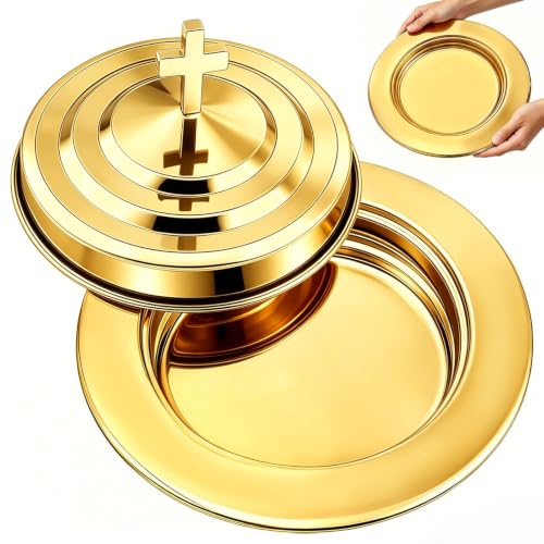 Communion Bread Tray with Lid for Churches, Round Stainless Steel Bread Plate with Cover for Wafers, Church Supplies Serving Tray for Communion and Altar Service, 1Pcs Gold Bread Tray - color: Gold