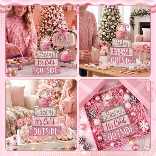 Moucuny 4 Pcs Pink Christmas Table Decor Wooden Hot Chocolate Cocoa Decor - style: Baby, It’s Cold Outside