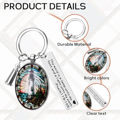 3D Glass Lighthouse Keychain with Bible Verses,Christian Gifts for Women Faith - color: Psalm119:105