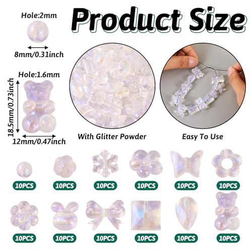 FASHEWELRY 120pcs Clear Acrylic Beads Transparent Mixed Cute Beads for Bracelets, Glitter Powder Bear Bowknot Rabbit Flower Pony Beads Bulk for DIY Keychain Necklace Jewelry Making - color: Clear, 12 Style