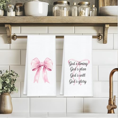 Christian Kitchen Towels Set of 2, Waffle Weave Hand Towels with Bible Verse and Pink Bow,Inspirational Decorative Dish Towels for Kitchen & Bathroom, Faith Gift for Women and Friends 16x24 Inch