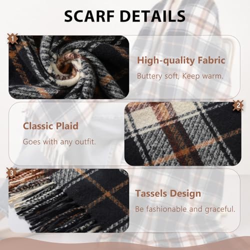 Clothirily Womens Winter Scarf, Oversized Long Blanket Plaid Shawl Wrap - color: Khaki & Black Plaid