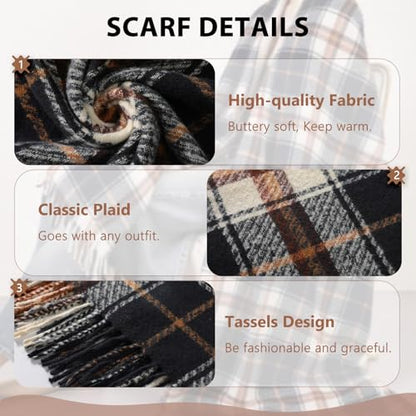 Clothirily Womens Winter Scarf, Oversized Long Blanket Plaid Shawl Wrap - color: Khaki & Black Plaid