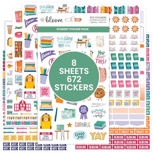 bloom daily planners Student Planner Stickers - 8 Sheets / 672 Stickers - Essential School Themed Variety Pack for Academic Year Planning - Icons & Illustrations to Track Assignments, Exams, & More