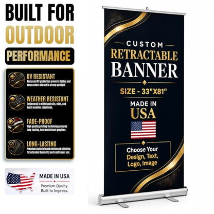 Custom retractable banner with stand by BCB | Pop up stand Printed in USA - color: Retractable Banner