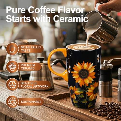 Topadorn 17oz Ceramic Travel Mug with Lid, Sunflower Floral Coffee Mug - color: Hello,Sunshine