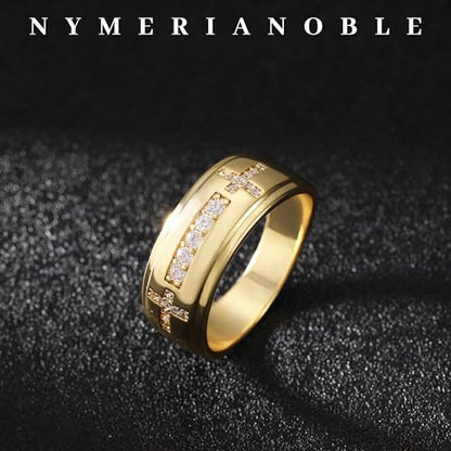 Mens Wedding Band, 18K Gold Plated Rings Non Tarnish Promise Rings For Him Lord's Prayer Cross Ring Father in Law Gifts Round Cut Anniversary Engagement Size 7-14 - size: 9