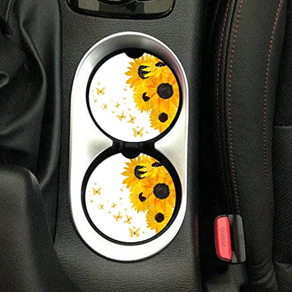 Car Coasters 2 Pack, Small 2.56" Stone Car Cupholder Absorbent Coaster Set for Women Men Drink Cup Holder Coasters (Sunflower&Butterfly) - color: Sunflower&butterfly