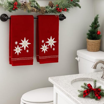 Serafina Home Christmas Bath Hand Towels, Stars with Sequins, Cotton, Red, 16" x 25", Set of 2 - color: Organza Stars