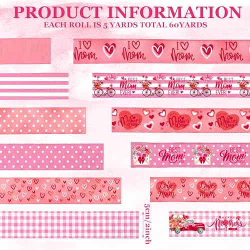 12 Rolls Mother's Day Wired Edge Ribbon for Wreaths 2 Inch x 60 Yards Pink Burlap Stripe Ribbons Happy Mother's Day Love You Mom Floral Decorative for Bow Wreath DIY Craft Gift Wrapping Decor - style: Mother's Day