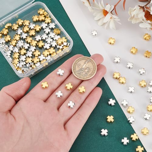 PH PandaHall 120PCS Easter Cross Beads, 2 Colors Antique Cross Holy Spacer Beads Charms Metal Loose Bead for DIY Craft Jewelry Making Handmade Bracelets, 8x7.5x3.8mm, Silver and Golden