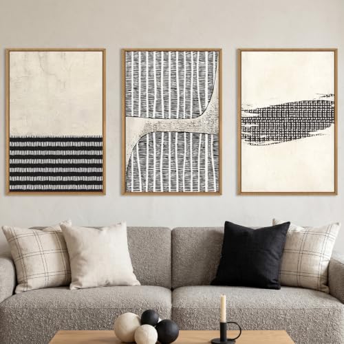 Aryroi Black Beige Abstract Minimalist Framed Canvas Wall Art Set-16"x24"x3 - color: Black White Dot Wall Art, size: 16"L x 24"W