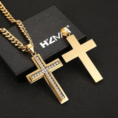 HZMAN Cross Necklace for Men Stainless Steel Cross with Cubic Zirconia Inlay Pendant Necklace with 7mm Cuban Chain 24In - color: Gold