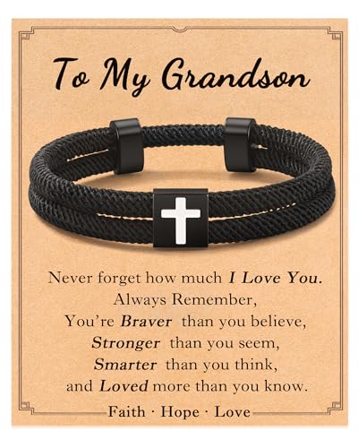 Shonyin Religious Catholic Gifts for Teen Boy Men, Cross Bracelet with Card - style: Grandson
