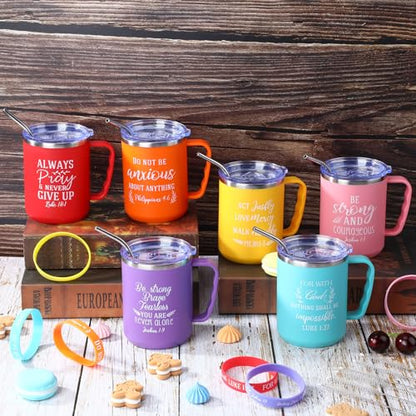 Patelai 18 Pcs 17 oz Christian Coffee Mugs for Woman with Lid Straw Include 6 Religious Bible Verse Tumbler Silicone Bracelet for Spanish Friend Men Women Christmas Halloween Party Favor(Bright) - style: Bright