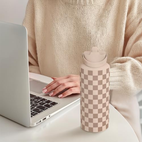SANDJEST Checkerboard Water Bottle 32oz Stainless Steel with Lid & Straw, Beige Checker Insulated Bottles for Women Girls, Gift Idea for Christmas Birthday - color: Checker