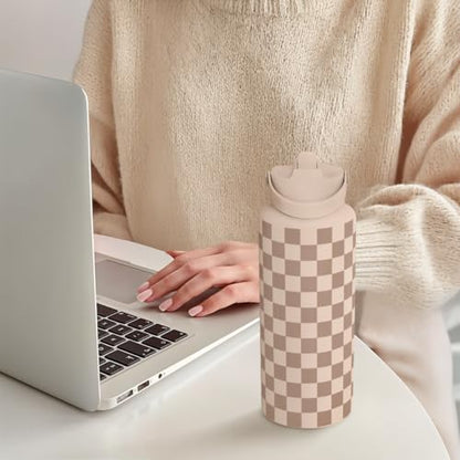 SANDJEST Checkerboard Water Bottle 32oz Stainless Steel with Lid & Straw, Beige Checker Insulated Bottles for Women Girls, Gift Idea for Christmas Birthday - color: Checker