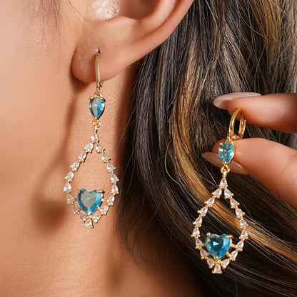 18K Gold Plated, Dangle Earrings for Women, Flower/Heart Drop earrings, Hypoallergenic Cubic Zirconia Earrings, Lightweight, Party, gold earrings, Jewelry for Gifts, Fashion - style: 7508-Blue