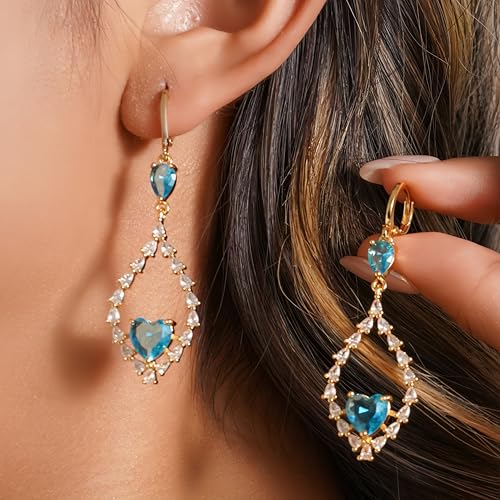 18K Gold Plated, Dangle Earrings for Women, Flower/Heart Drop earrings, Hypoallergenic Cubic Zirconia Earrings, Lightweight, Party, gold earrings, Jewelry for Gifts, Fashion - style: 7508-Blue