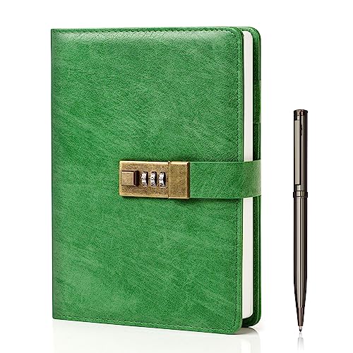 WEMATE Diary with Lock, A5 PU Leather Journal with Lock 240 Pages Green - color: Grass Green