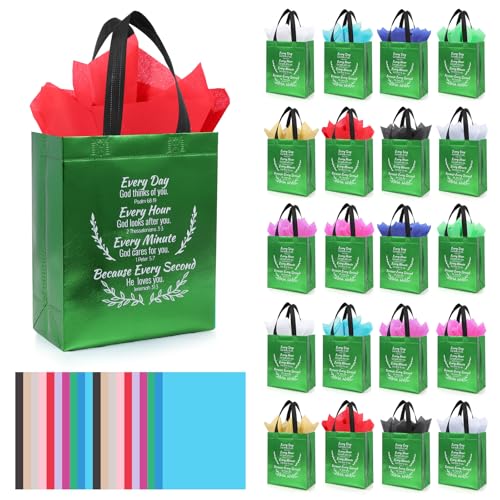 LUAVIARU 80 Pcs Bible Verse Christian Gift Bags Set – 40 Green Reusable Gift Bag with Handles & 40 Tissue Paper, Religious Gift Bag for Church Events, Baptism, Easter, Communion, Congratulations - color: Green, size: 40