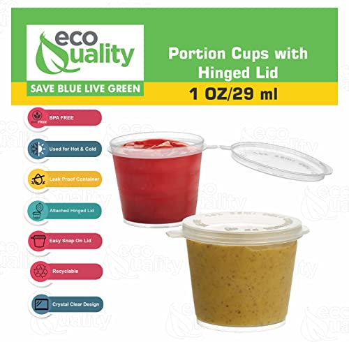 EcoQuality 1oz Plastic Condiment Souffle Cups with Attached Lids, 50 Packs