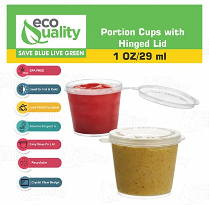 EcoQuality 1oz Plastic Condiment Souffle Cups with Attached Lids, 50 Packs