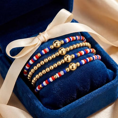 Gold Pearl Beaded Cross Bracelets Stack Set for Women, Boho Handmade Colorful Small Beads Stretchable Jewelry Friendship Summer Trendy Gift. - color: USA