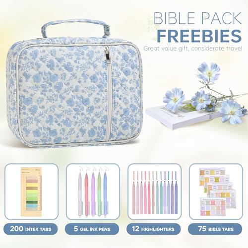 Bible Bag Cover Case for Women Study Supplies Kit Church Book Holder - color: Blue Flower