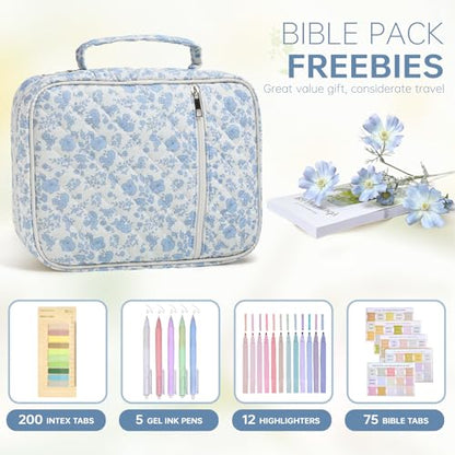 Bible Bag Cover Case for Women Study Supplies Kit Church Book Holder - color: Blue Flower