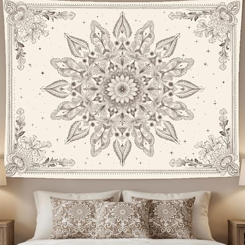Motanber Floral Mandala Tapestry Wall Hanging Boho Beige Tapestry Aesthetic Bohemian Flower Cute Small Tapestries for Bedroom Living Room Dorm Wall Decor 48 x 36 Inch - color: Beige White, size: 48"L x 36"W