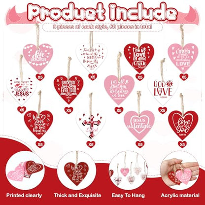 AceOrbit 60 Pcs Acrylic Christian Valentine's Day Tree Ornaments, Double Sided Print, Heart & Cross Hanging Designs with Ropes Faith Based Love Tokens for Couples, Church Gifts, Wedding Favors