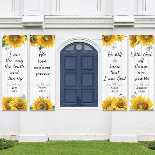 4Pcs Church Banners for Sanctuary Wall Welcome Religious Banners Hanging Backdrop Scripture Inspirational Praise Signs Bible Verses Banner Scripture Hanging Signs for Church School Decor(Sunflower) - style: Sunflower Worship Christian