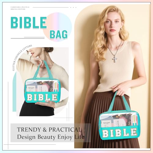 Chenille Letter Bible Bag Case for Girls,Large Study Supplies Church Bag Cover Purse Fits All Bibles,Cute Preppy Christian Tote with Handle Zipper Bible Accessories Gifts for Women(BIBLE-Green) - color: Bible-green