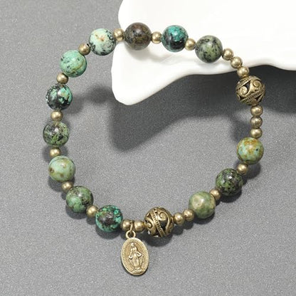 Nazareth Store Stone Beads Rosary Bracelet with Metal Separators and Catholic Medal - Durable and Elegant Wrist Jewelry - color: Africa Jasper