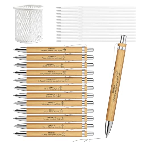 Bible Verse Pens 25 Pcs with 12 Christian Pens & 12 Refills & 1 White Pen Holder Bamboo Retractable Ballpoint Pens Inspirational Quote Pen Religious Gifts for Men Women - color: White