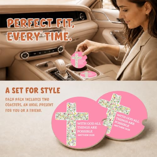 Pink Christian Bible Car Coasters, Floral Cross Scripture Cup Holders, 29 - color: Floral Cross