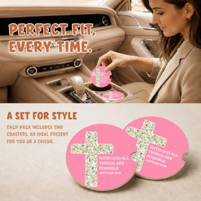 Pink Christian Bible Car Coasters, Floral Cross Scripture Cup Holders, 29 - color: Floral Cross