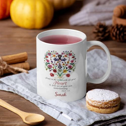 Personalized Bible Verse Ceramic Cup, Inspirational Mug Gift For Christian, Cross In Floral Heart Design On White Mug, Customized Name Christian Faith Coffee Mug 11oz, Custom Religious Gift - color: XUA-624-2303-A Cross In Floral Heart
