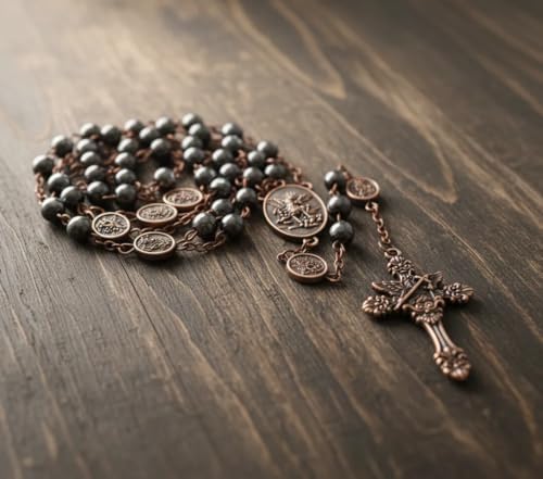 Nazareth Store St Michael Rosary Hematite Stone Beads Necklace Metal Beaded Glory Beads Archangel Medal & Cross with Metal Gift Box - color: Copper | St.Michael Cross