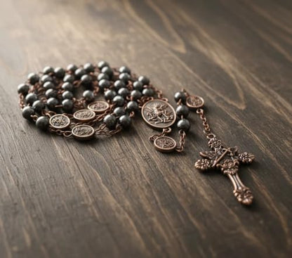 Nazareth Store St Michael Rosary Hematite Stone Beads Necklace Metal Beaded Glory Beads Archangel Medal & Cross with Metal Gift Box - color: Copper | St.Michael Cross