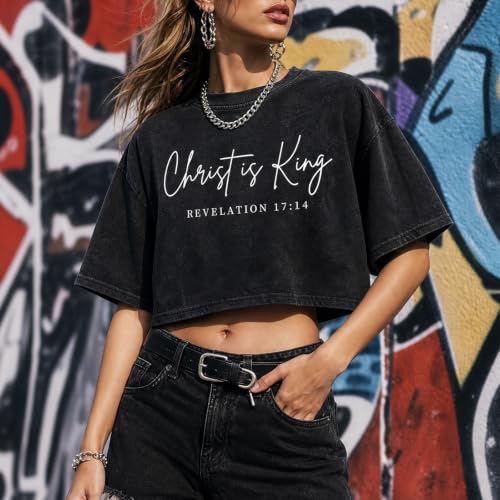 KIEKIECOO Womens Cropped Acid Wash Tshirt Vintage Christian Graphic Crop Tops Tees Oversized Christ is King Faith Gifts Shirt - color: Black, size: X-Large