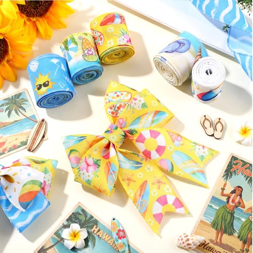 12 Rolls 60 Yards Summer Wired Ribbon for Wreaths Bows Crafts - style: Summer Memorial Day