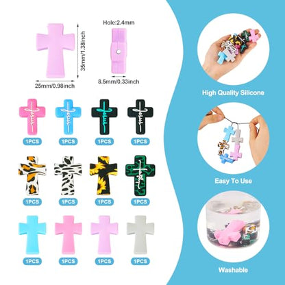 Beadthoven 12pcs Cross Silicone Focal Beads for Pens Leopard Printed Jesus Faith Cross Silicone Rubber Beads for Keychain Beadable Pens Jewelry Bracelets Making DIY Crafts - color: Crosses 12 Styles