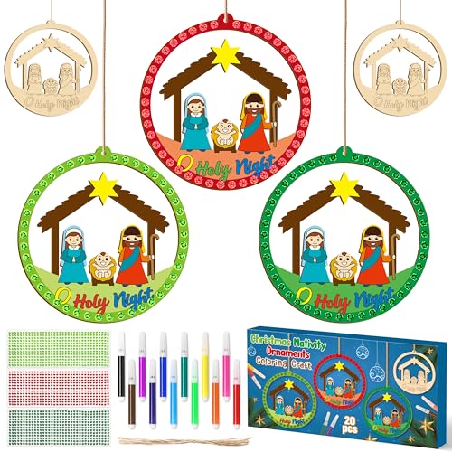 BeYumi Christmas Wooden Ornament Craft - 20Pcs Nativity DIY Wooden Ornaments Craft Kit for Kids Make Your Own Nativity Christian Religious Xmas Craft with Gem Sticker Church Party Decoration Supplies - style: Round