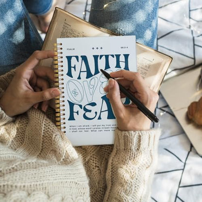 Wheatwin Faith Over Fear Christian Notebook, Bible Journal, Prayer Journal for Women & Men, Church Notes Journal, Scripture Hardcover Spiral Notebook 5.5x8.3 in - Blue - color: Faith over fear - Blue (bible-blue)