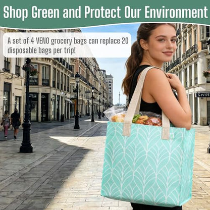 VENO 4 Pack Large Grocery Bag Reusable Shopping Bags with Hard Bottom - color: Evergreen