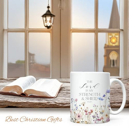 Christian Gifts for Women Ceramic Coffee Mug, Religious Gifts, Inspirational Scripture Coffee&Tea Mug, Bible Verse: The Loved is My Strength, Microwave and Dishwasher-safe (White-Little Flower)