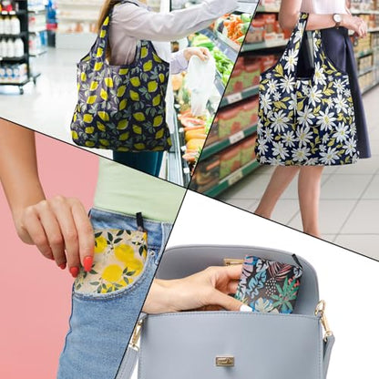 Reusable Grocery Bags, Lightweight 4 Pack Foldable Shopping Tote Bag - color: Lemon 4 Pack